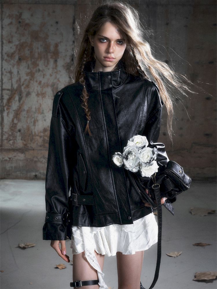 Loose black myriad leather jacket【s0000013885】