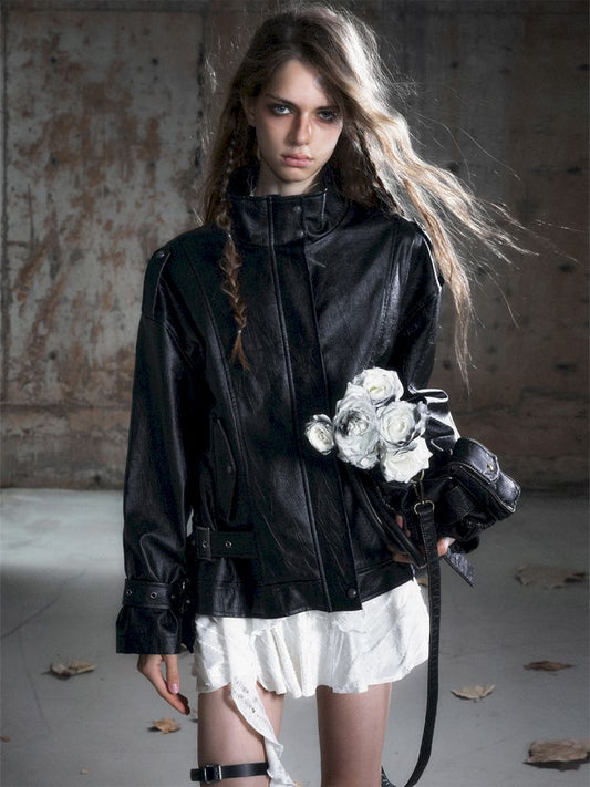 Loose black myriad leather jacket【s0000013885】