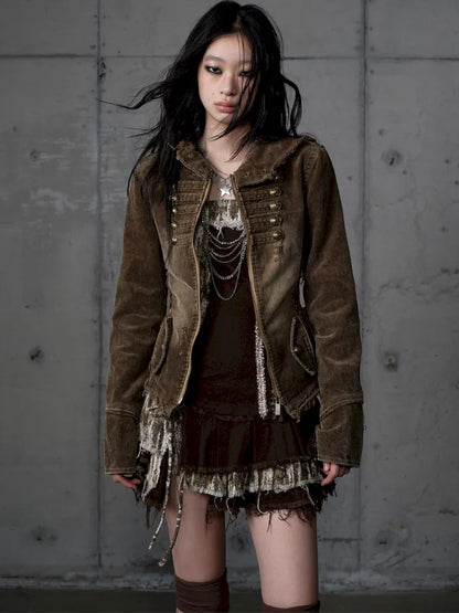 Corduroy Detachable Slim-Fit Hooded Jacket【s0000013952】