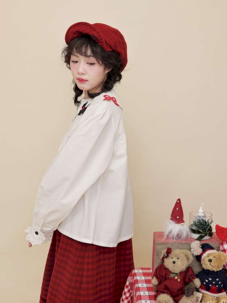 Puppy Bow Embroidery Lace Shirt【s0000015099】