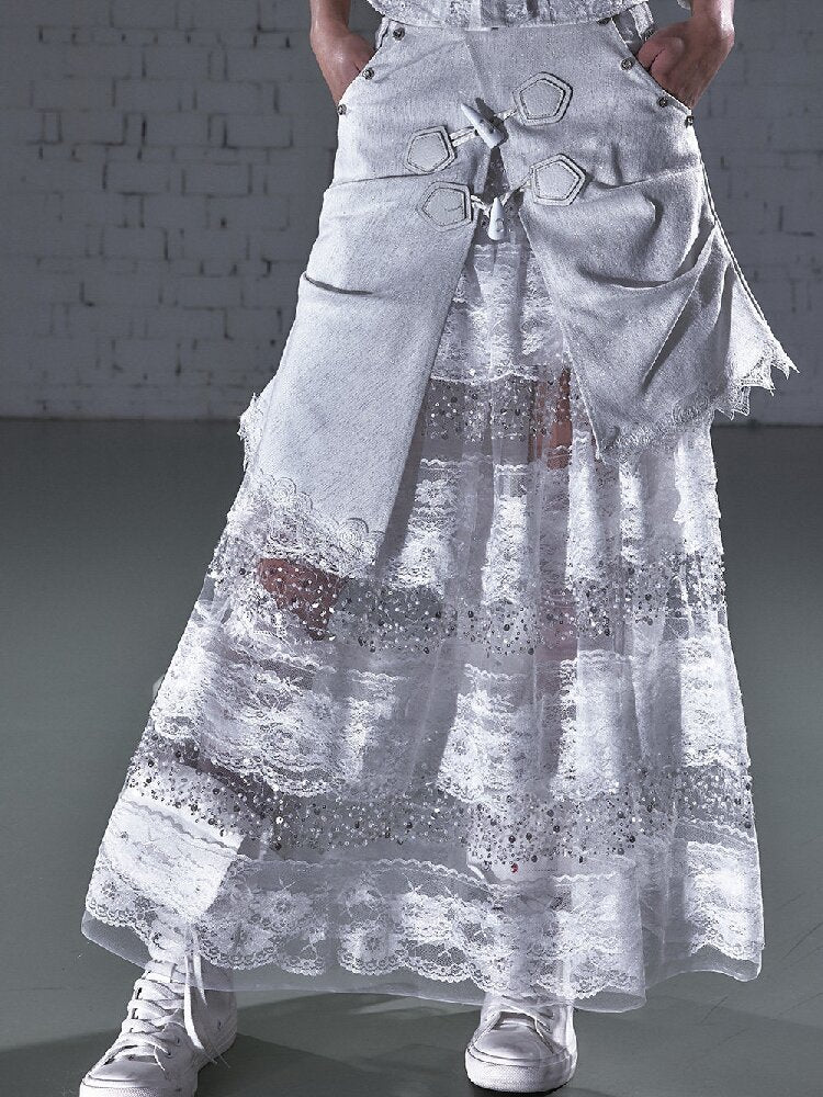 Stitched Lace Denim Maxi Skirt【s0000015940】