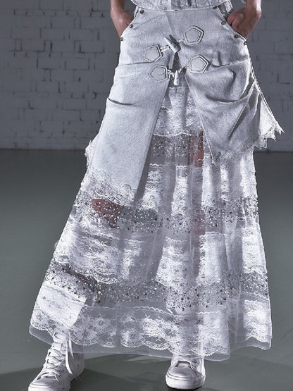 Stitched Lace Denim Maxi Skirt【s0000015940】