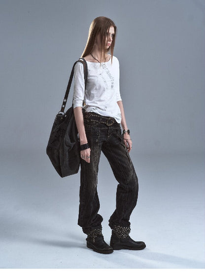 Lightning Rivet Black Denim Pants【s0000016634】