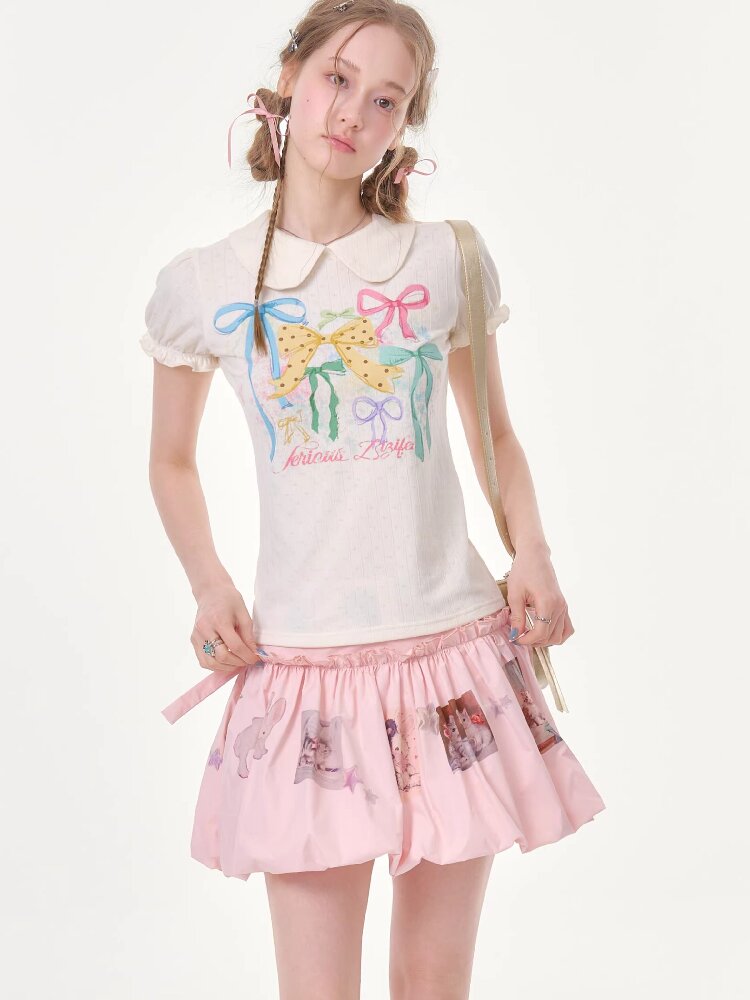 Puff Sleeve Bow Print T-Shirt【s0000016617】