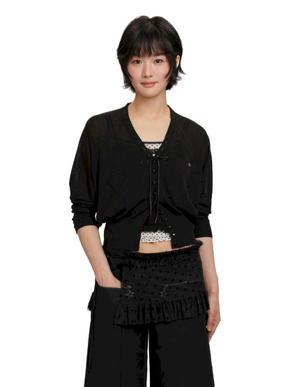 Ribbon large v-neck knitted cardigan【s0000012493】