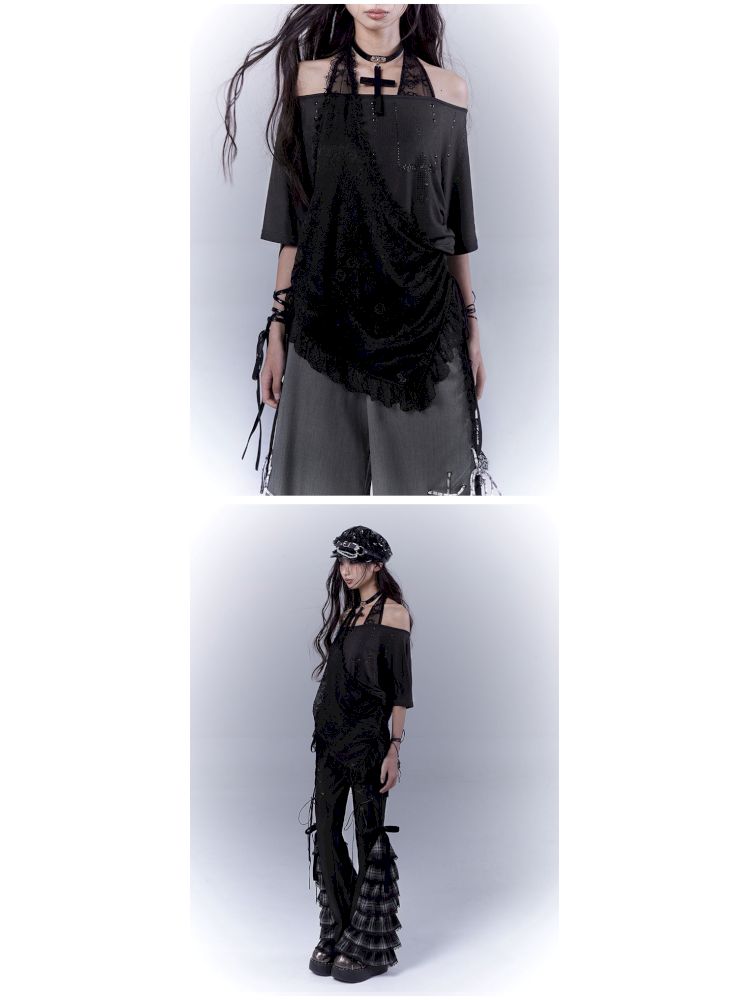 Lazy style rhinestone black T-shirt【s0000012844】