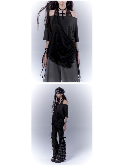 Lazy style rhinestone black T-shirt【s0000012844】