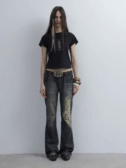 Distressed Baroque Graphic Jeans【s0000016569】