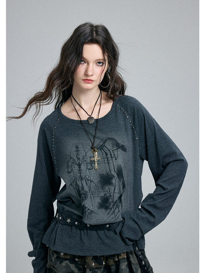 Washed Printed Rivet Knitted Top【s0000016261】