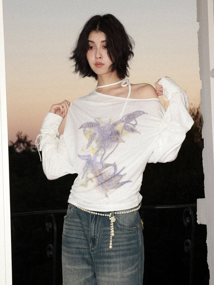 Mist Orchid Print Lace Up Top【s0000015457】
