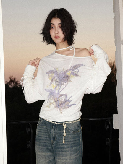 Mist Orchid Print Lace Up Top【s0000015457】