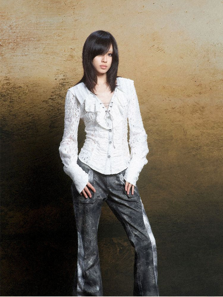 Ruffle Double Layer Collar Slim Shirt【s0000011814】