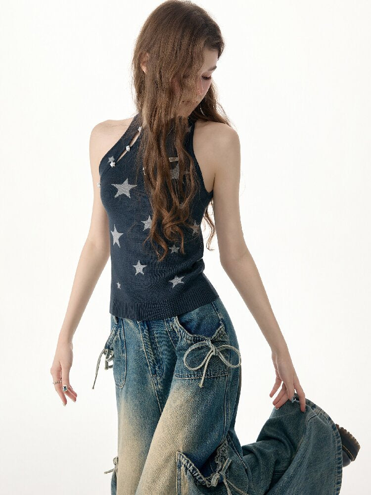 Summer Lazy Star Print Halter Knit Tank Top【s0000017254】