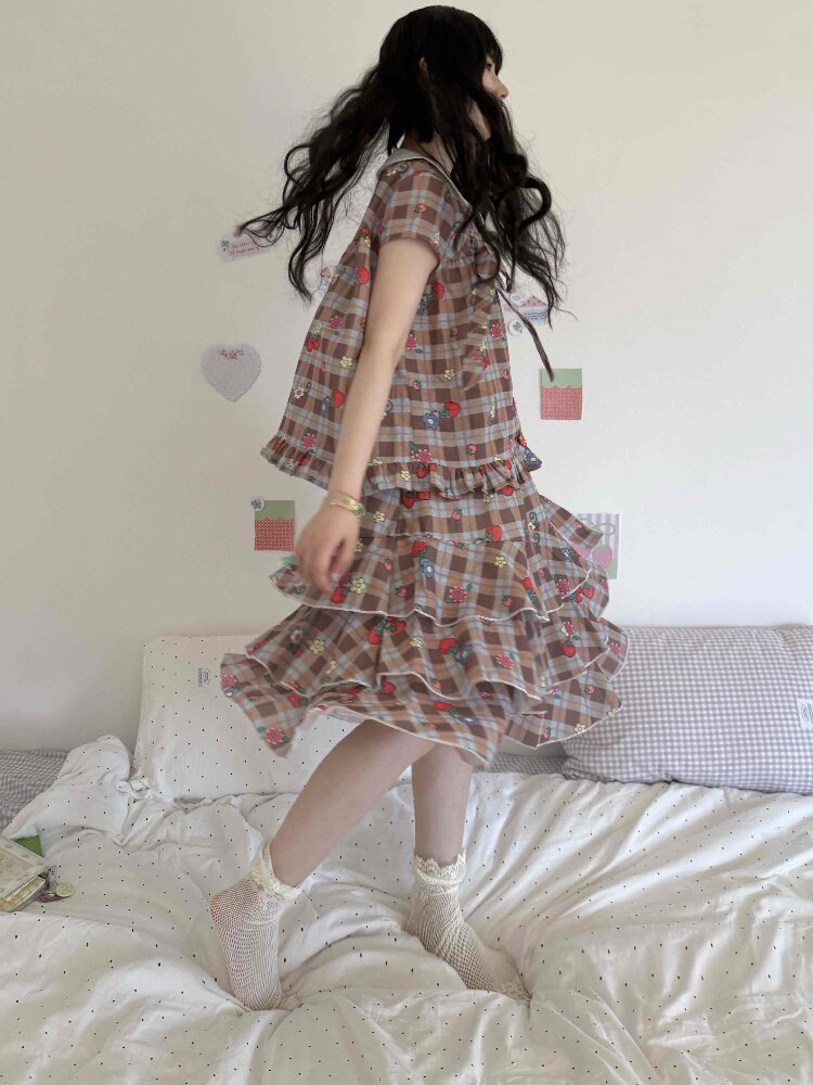 Strawberry Plaid Print Midi Skirt【s0000017504】