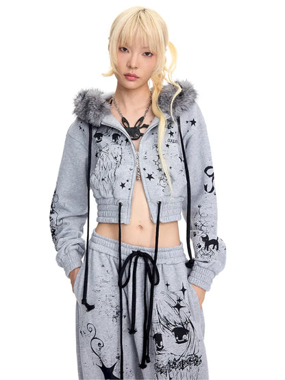 Angel Girl Doodle Print Short Hoodie【s0000014090】