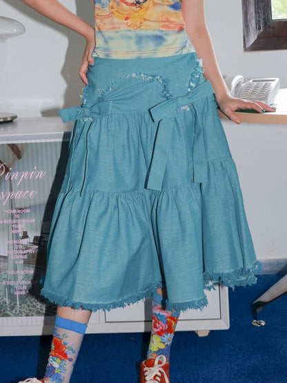 Bow Fringe Patchwork Denim Skirt【s0000013928】