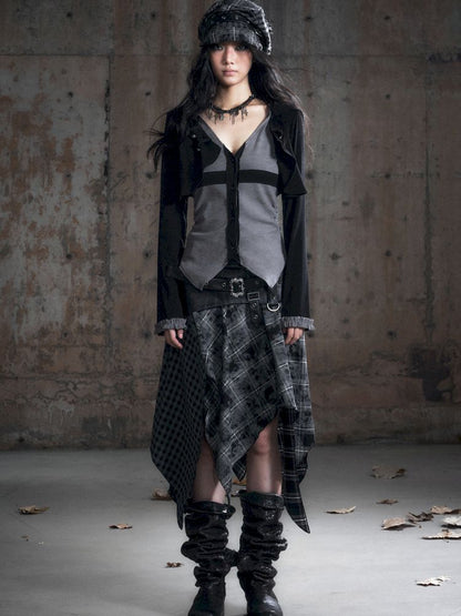 Hooded False Two Black Gray Knit Cardigan【s0000013890】