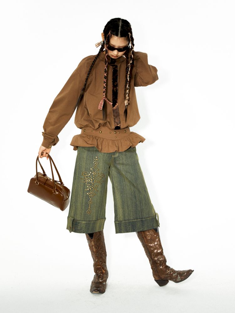 장식 된 렌더링 된 세척 데님 미디 바지 [S0000006271]