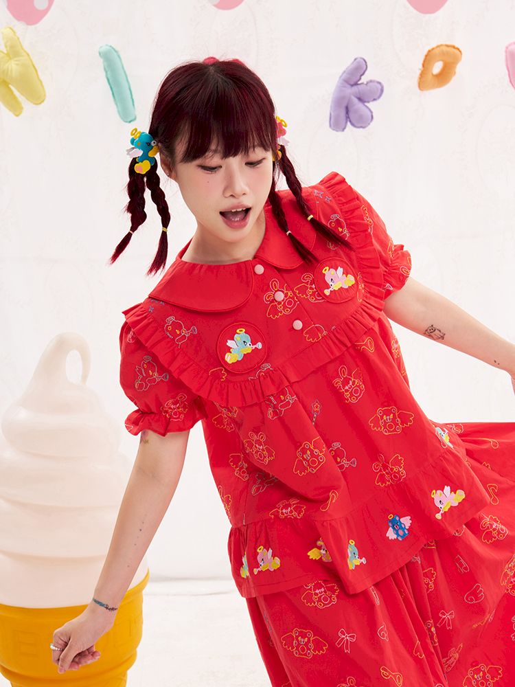 Animal angel heavy embroidery red doll shirt【s0000013184】