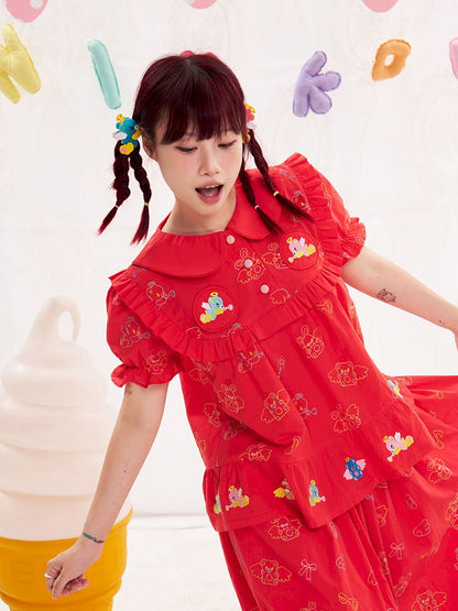 Animal angel heavy embroidery red doll shirt【s0000013184】