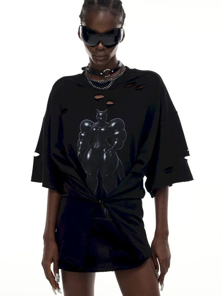 Cat Print Distressed T-Shirt with Drawstring Waist【s0000014018】