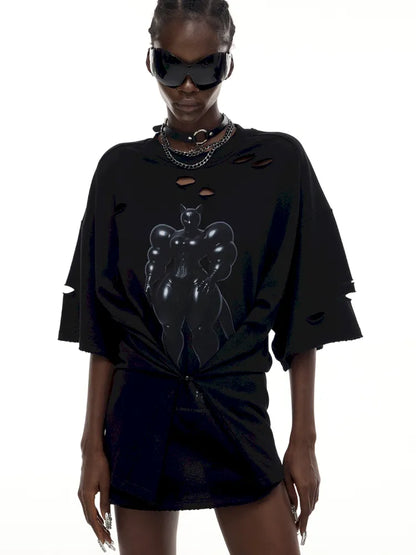 Cat Print Distressed T-Shirt with Drawstring Waist【s0000014018】