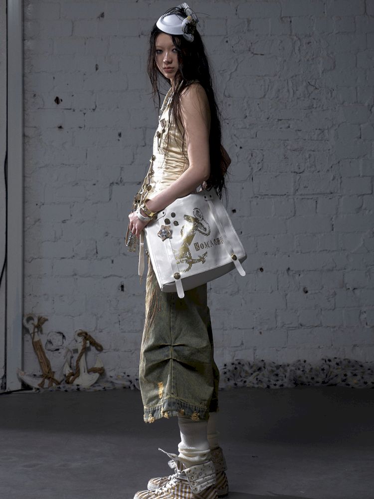 Gold foil print heavy-duty leather shoulder bag【s0000012778】