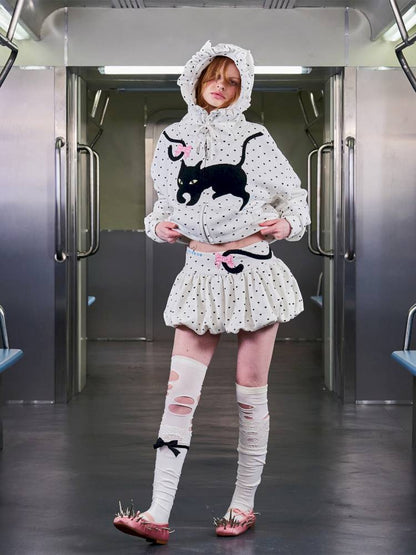 Black Cat Embroidered Cat Ear Hoodie Jacket【s0000014422】