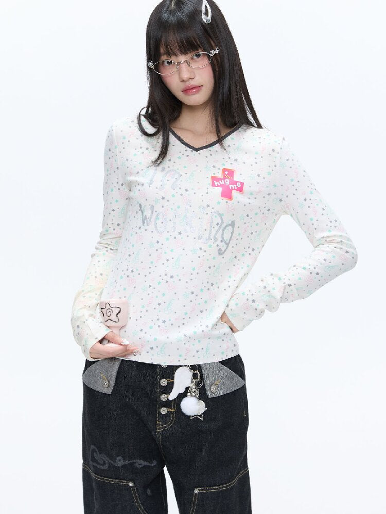 Full Print V Neck Long Sleeve Top【s0000016406】