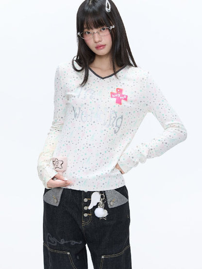 Full Print V Neck Long Sleeve Top【s0000016406】