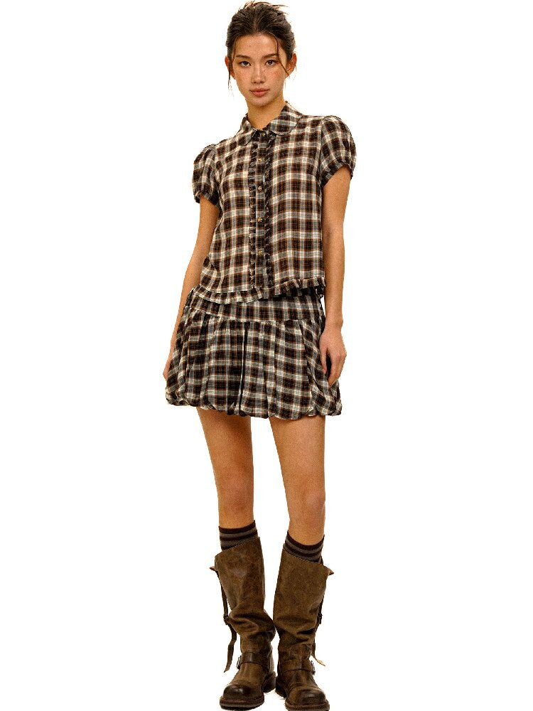Color Block Plaid Shirt Mini Skirt【s0000017906】