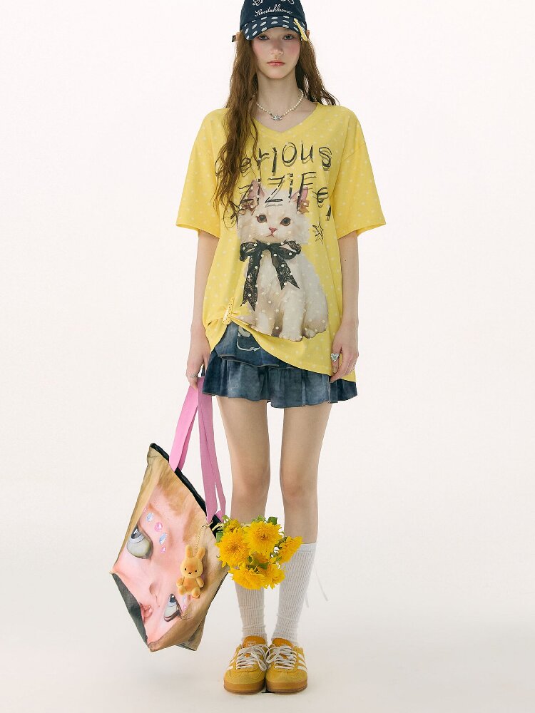 Loose Polka Dot Cat Print T-Shirt【s0000016857】