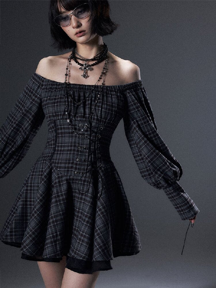 Vintage Plaid Off-Shoulder Dress【s0000018002】