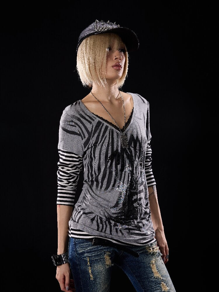 Printed Embroidered V-Neck Lace Shirt【s0000018513】