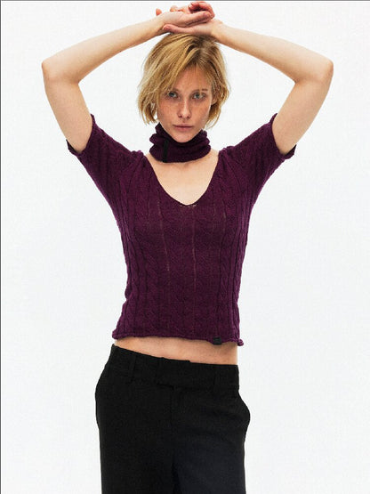 Cut Out Cable V-Neck Knit Top【s0000015928】