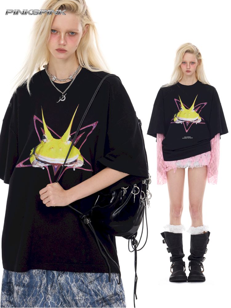 Rock Frog Print Loose Fit T-Shirt【s0000012978】