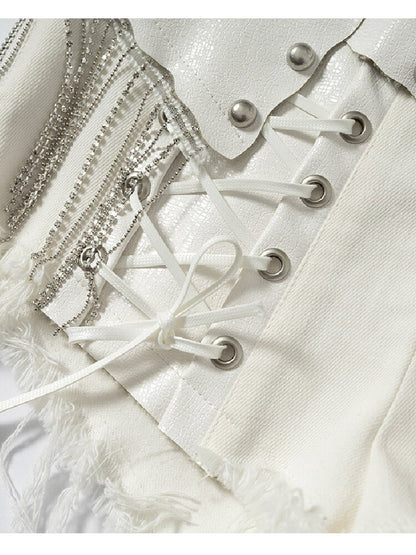 Chain Fringe Patchwork Denim Shorts【s0000016980】