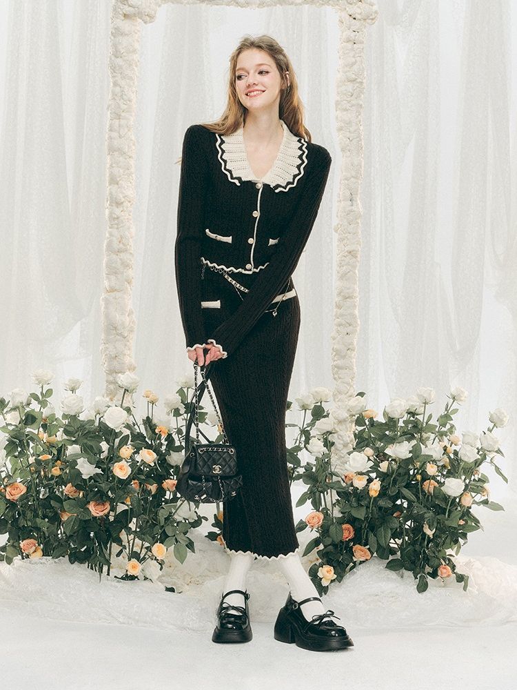 Knit Cardigan Wrap Hip Skirt Two Piece Chambray Set【s0000005286】