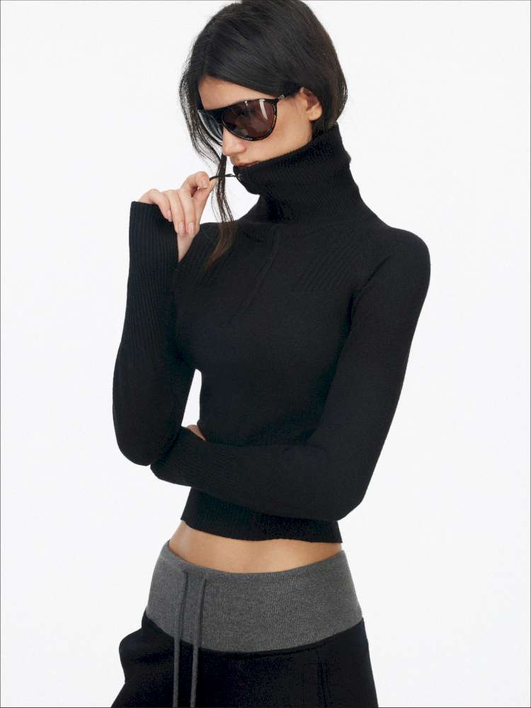 Half-Turtleneck Zip Knit Long-Sleeve T-Shirt【s0000014876】