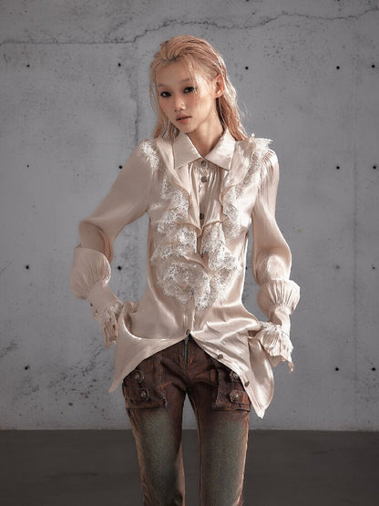 Ruffled Lace Satin Silk Shirt【s0000019157】