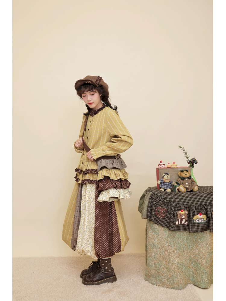 Vintage Girly Lace Bear Turmeric Shirt【s0000014839】