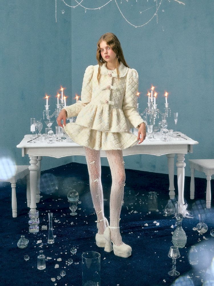 Collarless Bubble Sleeve Short Jacket Set【s0000005138】