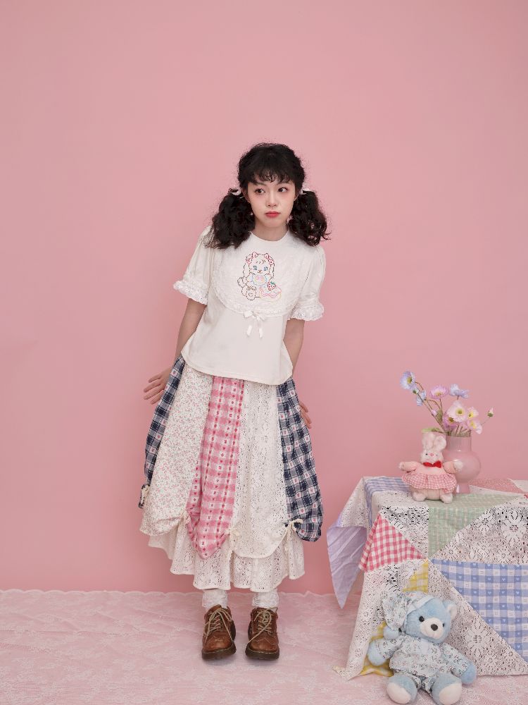 Lace Ribbon Bubble Sleeve T-Shirt【s0000012014】
