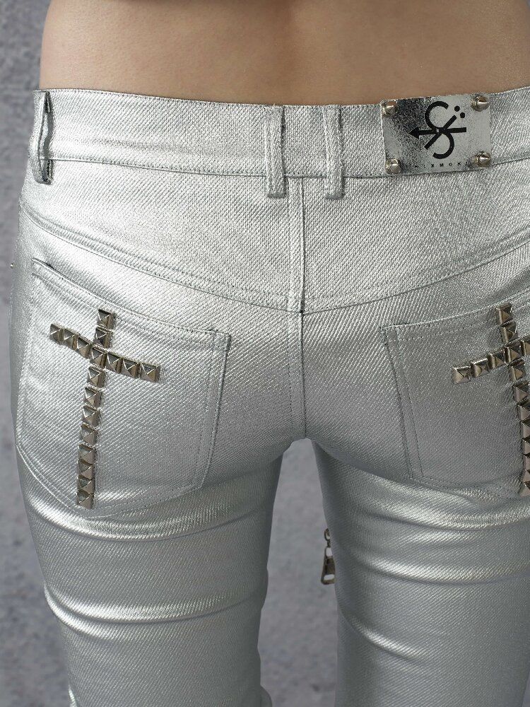 Silver Coated Studded Zip Pants【s0000016946】