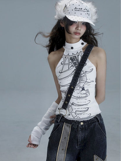 White Skinny Neck Tank Top【s0000013487】