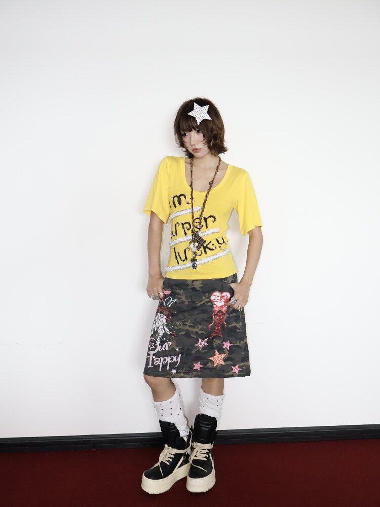 Lucky Slogan Lace Print U-Neck Top【s0000018686】