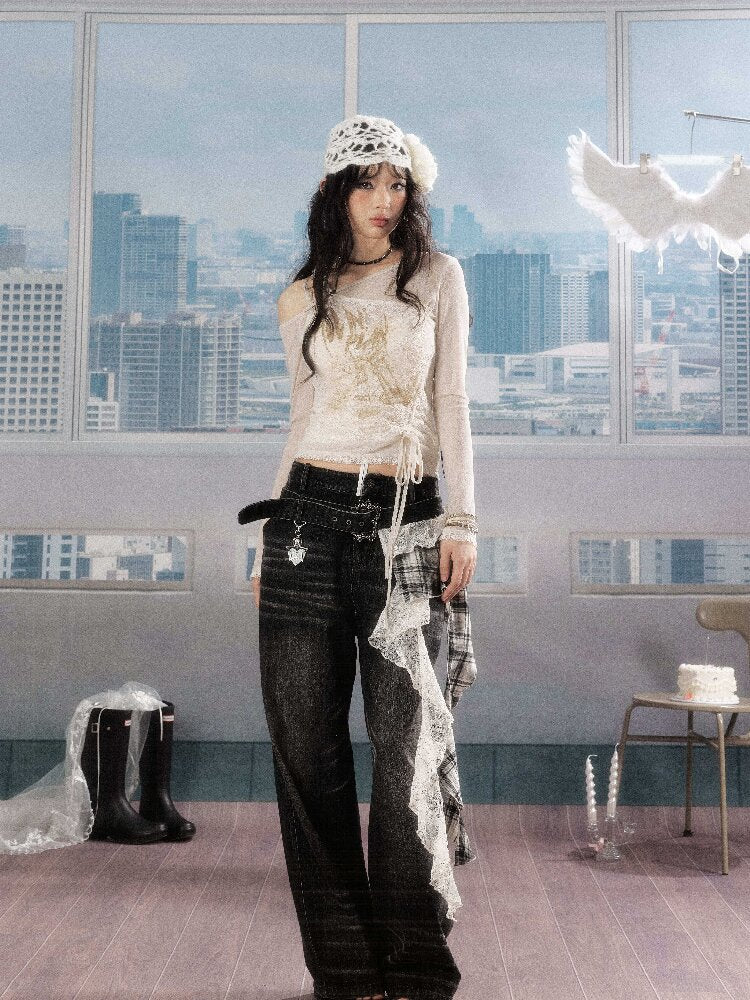 Plaid Ruffled Wide Leg Jeans【s0000016268】