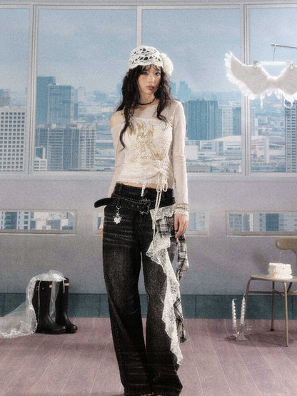 Plaid Ruffled Wide Leg Jeans【s0000016268】