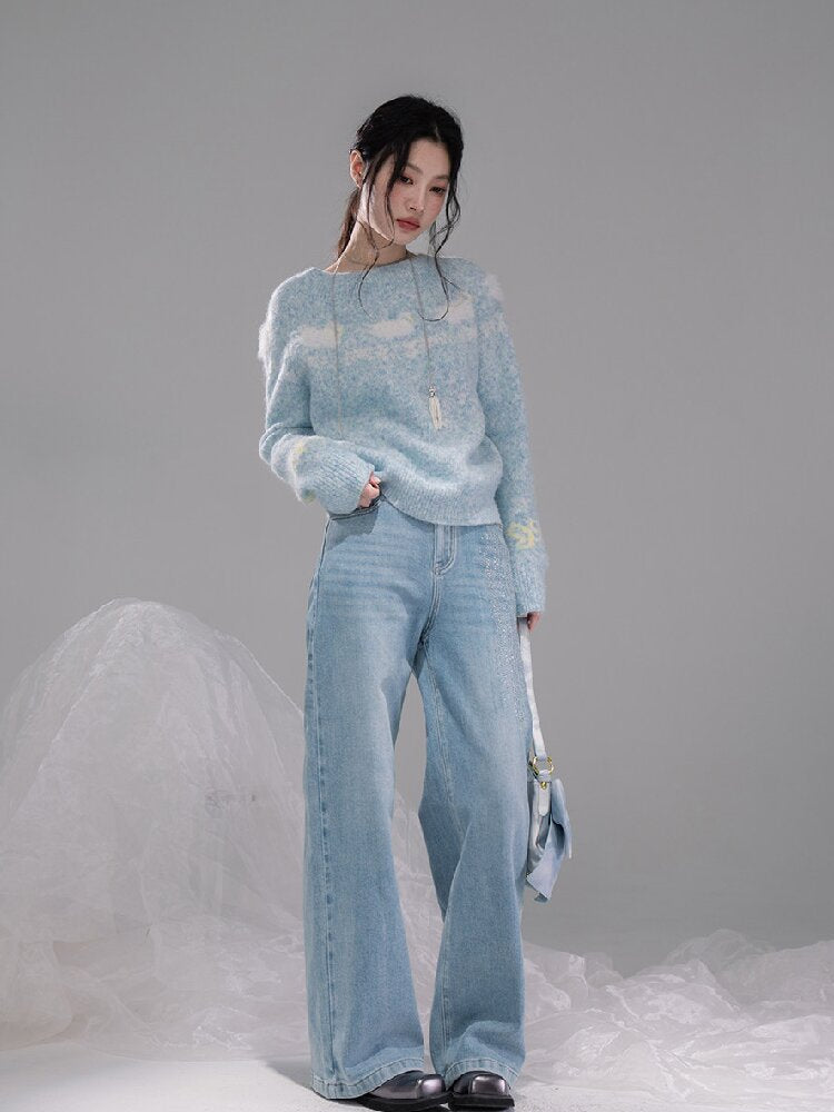 Blue One-Shoulder Jacquard Sweater【s0000015736】
