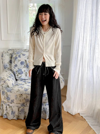 Washed elastic-waist wide-leg long jeans【s0000013990】